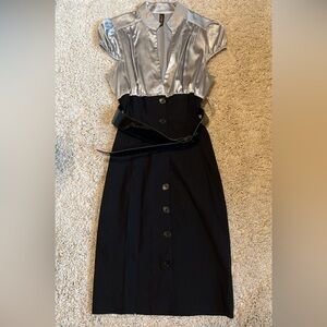 New Alley Kay medium dress midi black silver silky stretchy button short sleeve